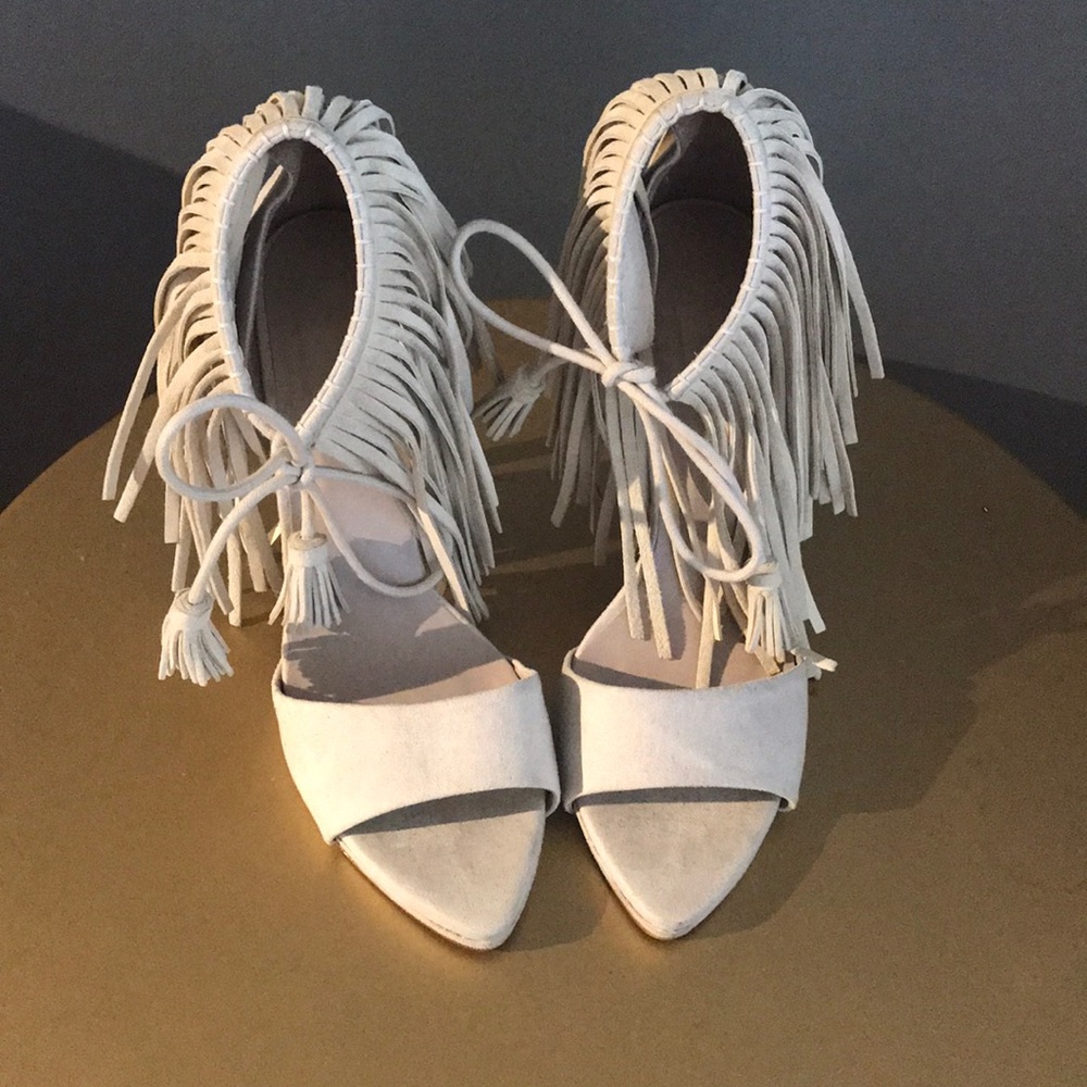 Zara bone color faux suede fringe heels